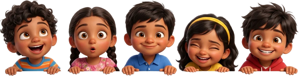 Smiling children peeking over the edge