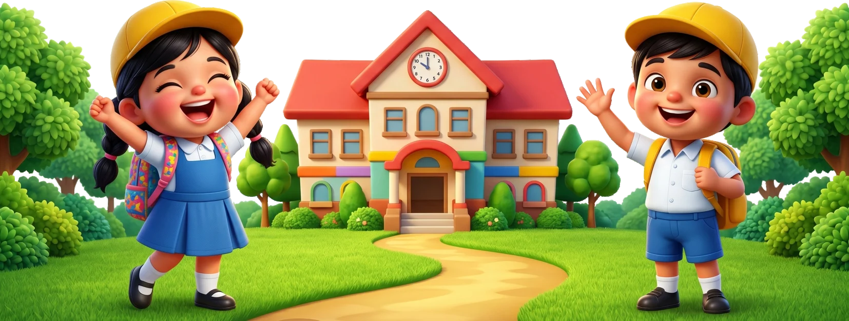 Two happy children waving in front of their school
